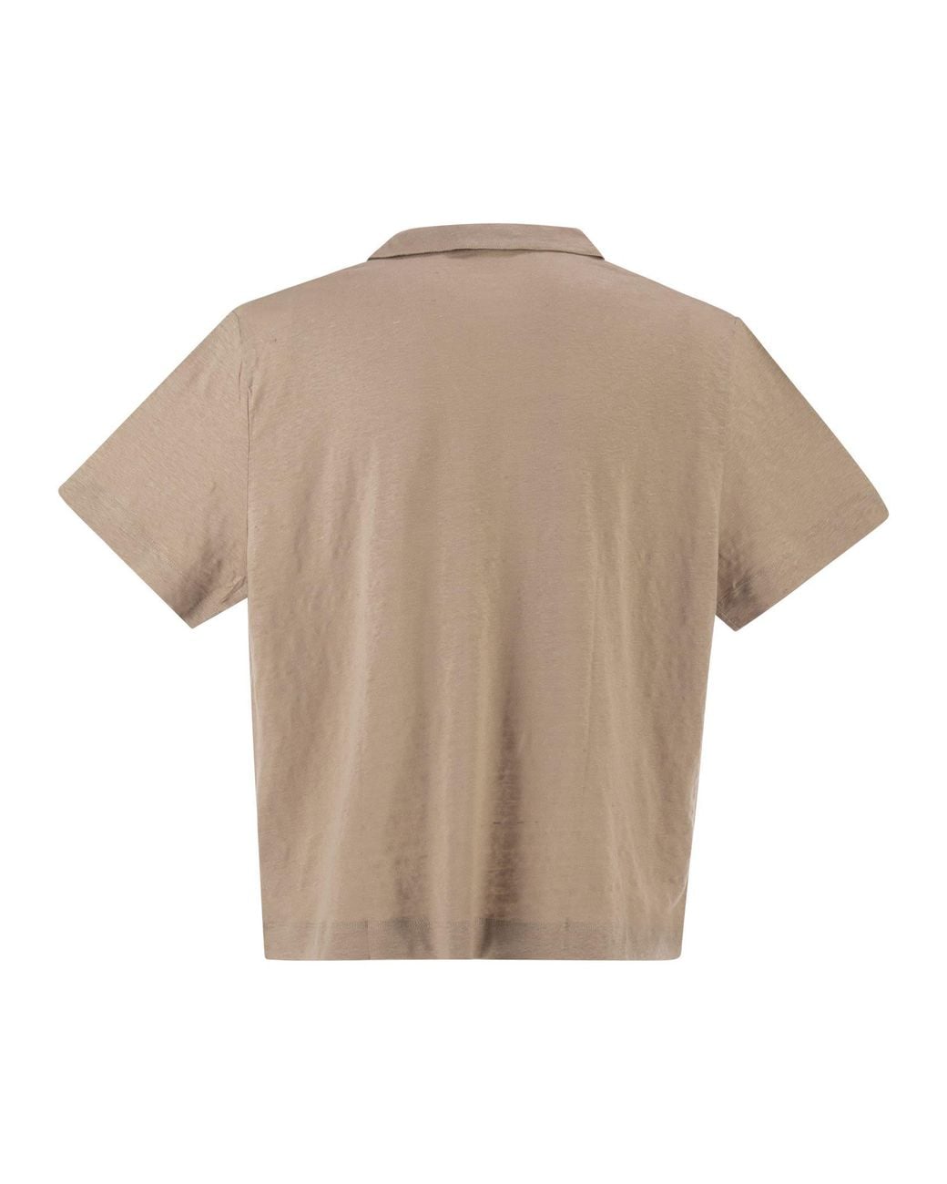 Majestic Natural Cropped Linen Stretch Polo With V Neck