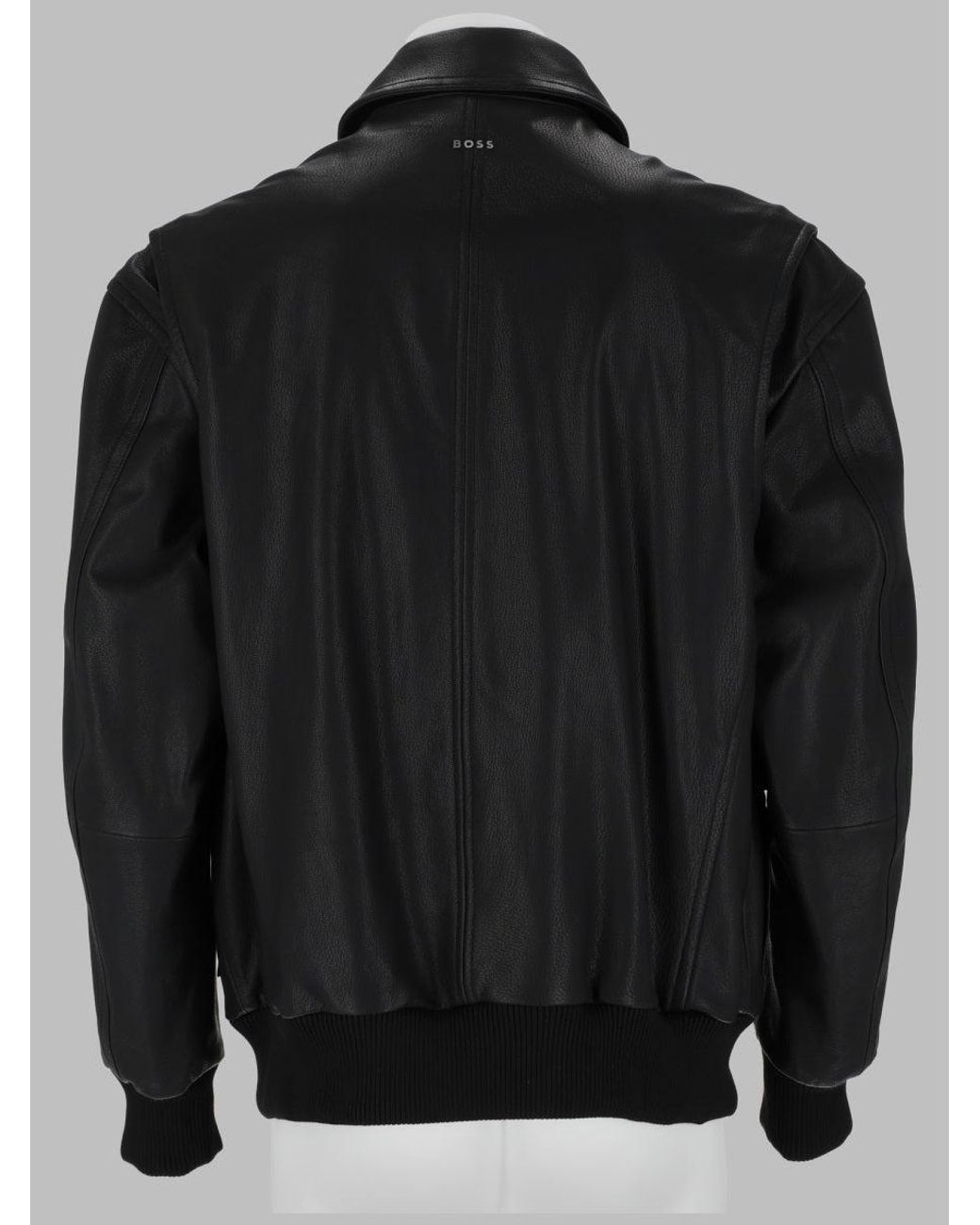 Boss Black Leather Zip Front Jacket With Ribbed Trim for men