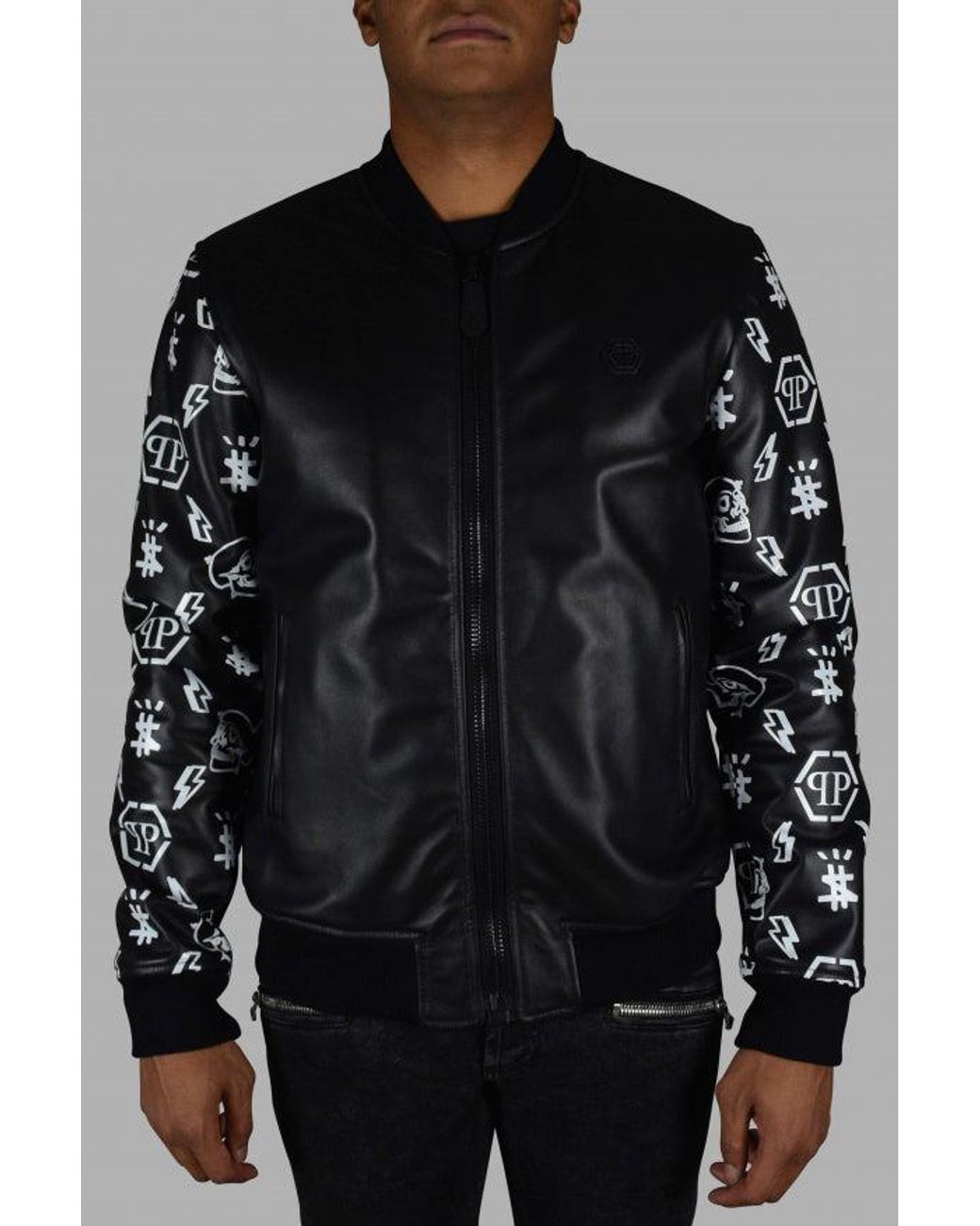 Philipp Plein Black Leather Bomber Jacket With Graphic Sleeves