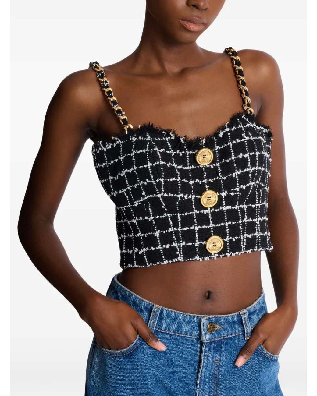 Balmain Blue Tweed Top With Shoulder Straps