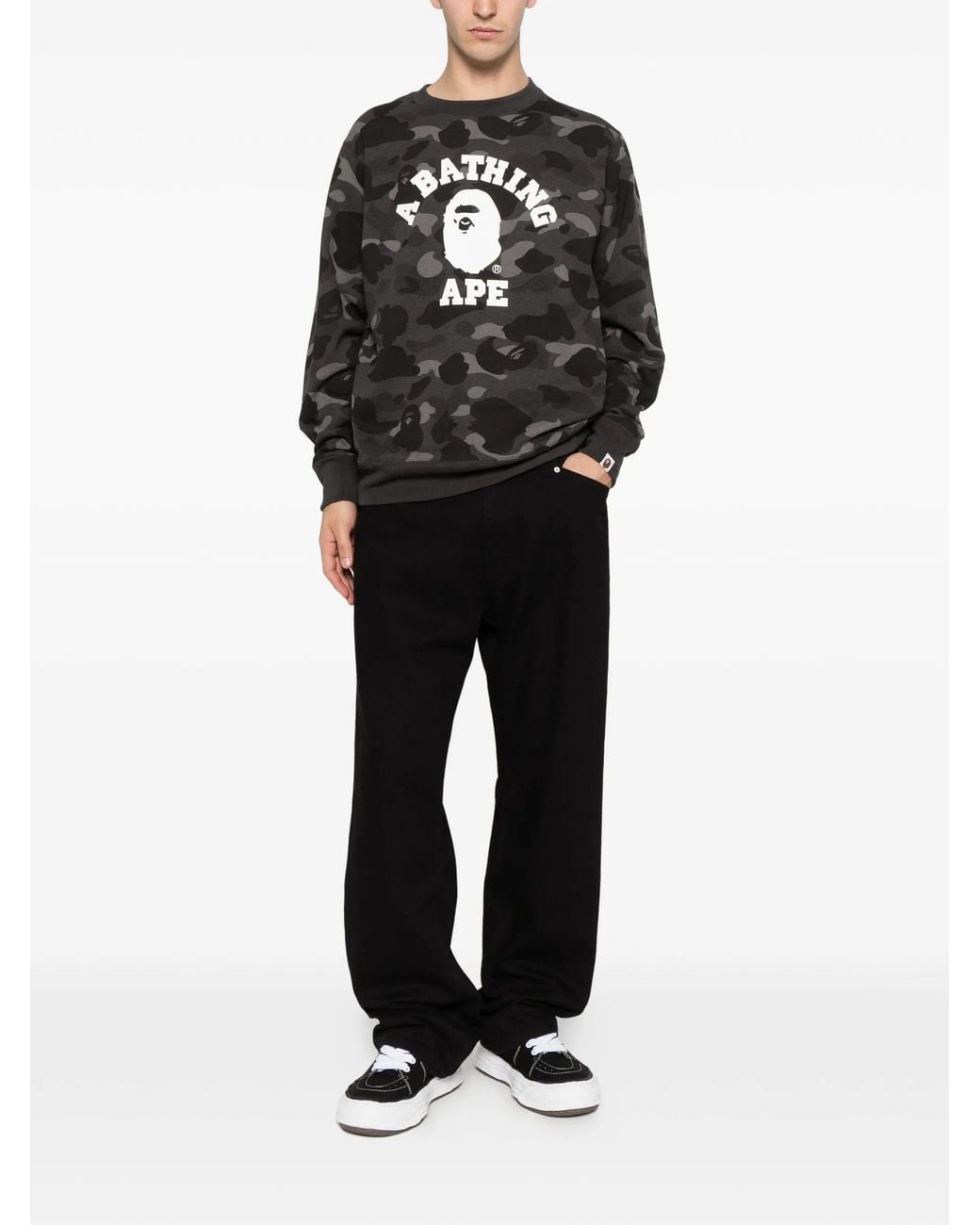 A Bathing Ape Black Color Camo College Crewneck Sweatshirt M