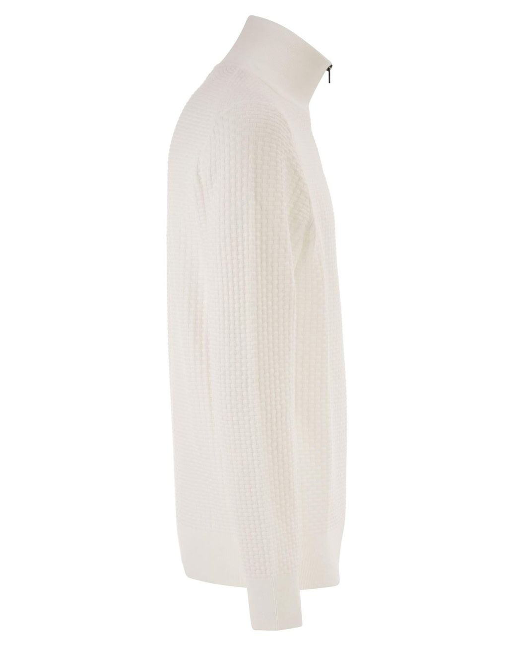 Boss White Textured Cotton Sweater With High Neck And Zip