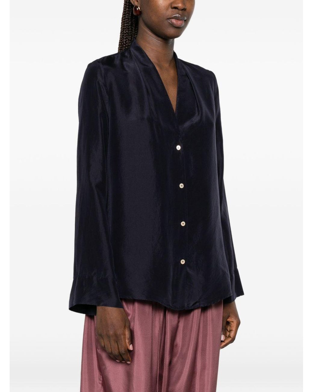 Forte_forte Blue Pleated V-Neck Shirt