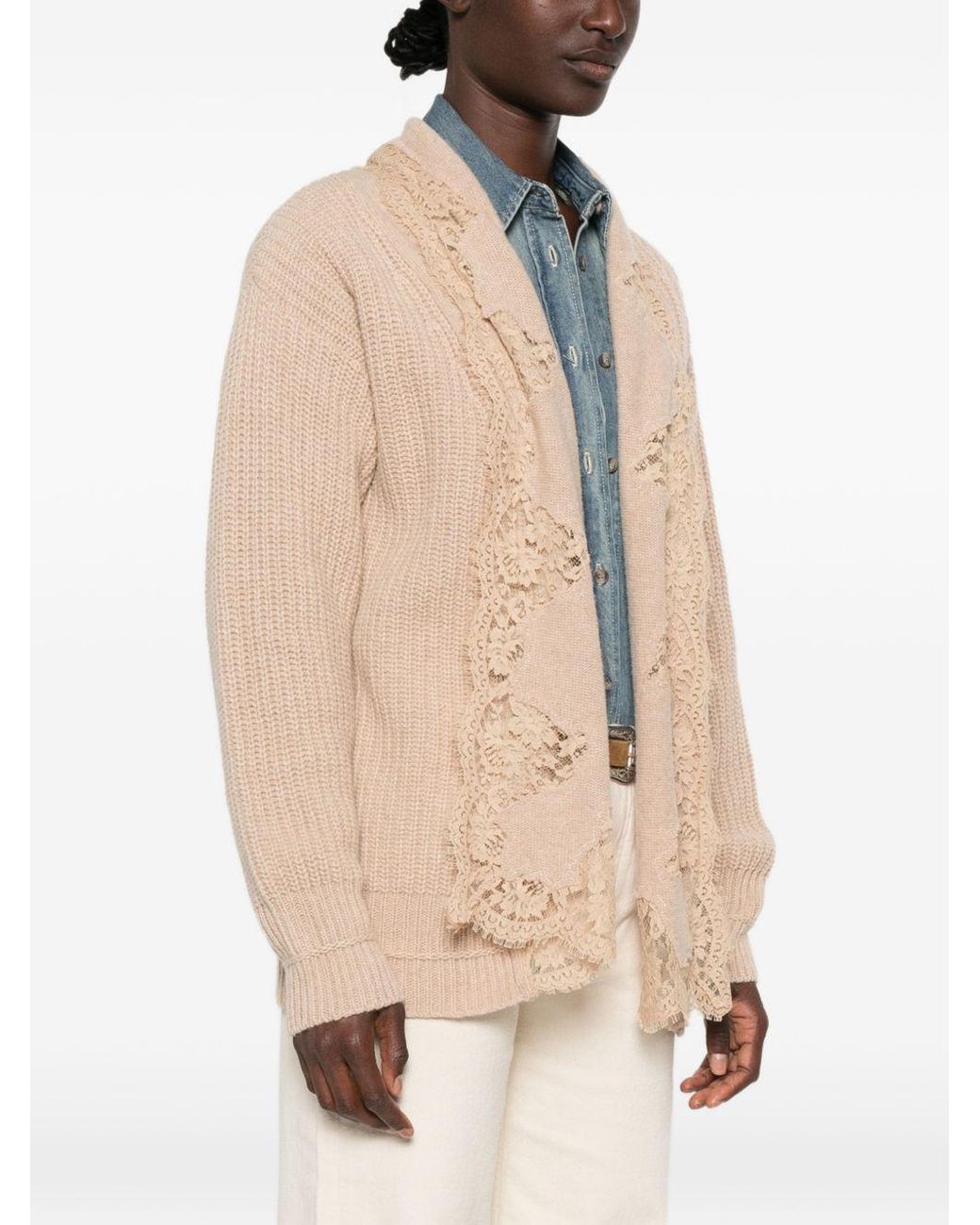 ERMANNO FIRENZE Natural Lace Trim Cotton Cardigan
