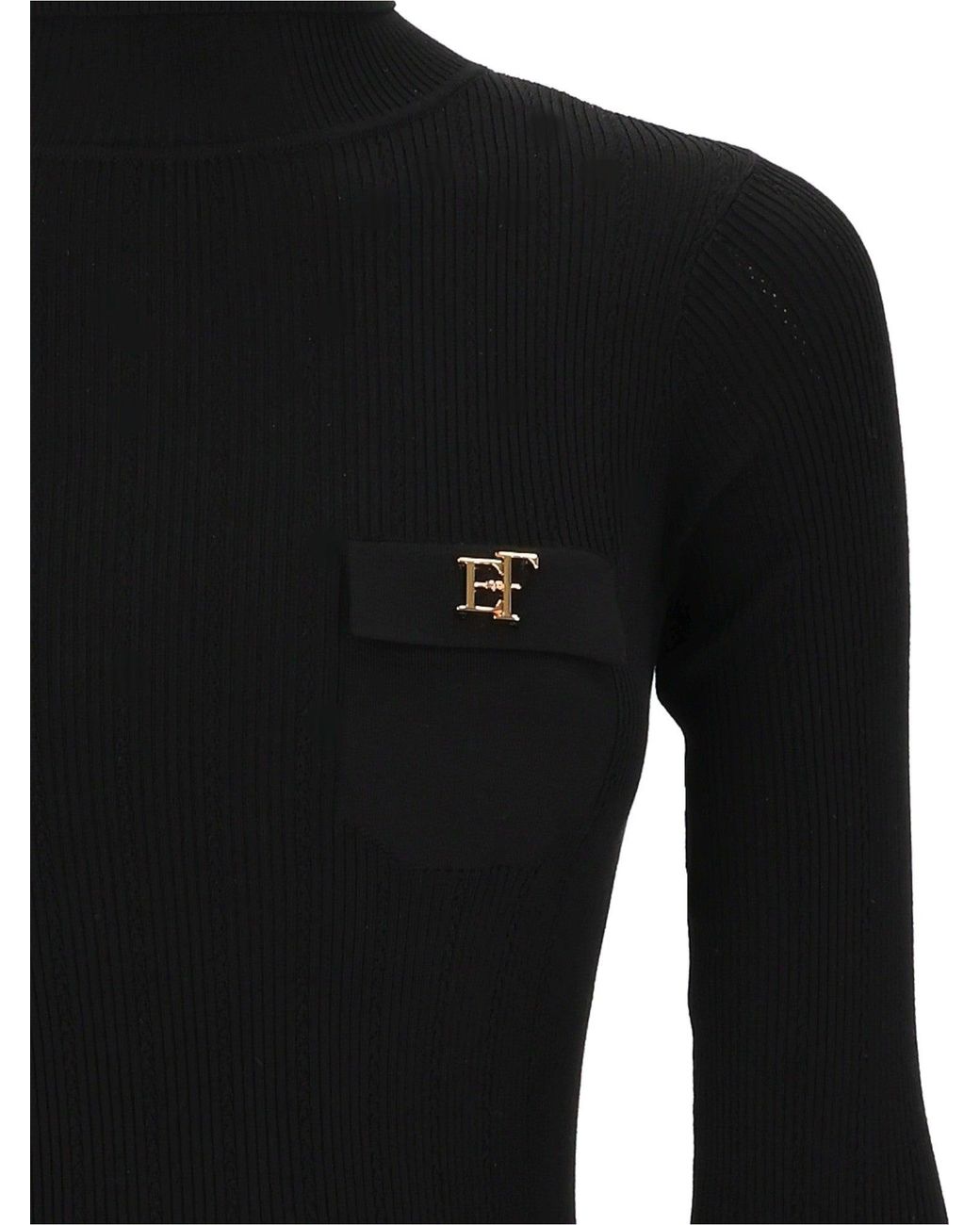 Elisabetta Franchi Black Fitted Ribbed Knit Top With High Turtleneck