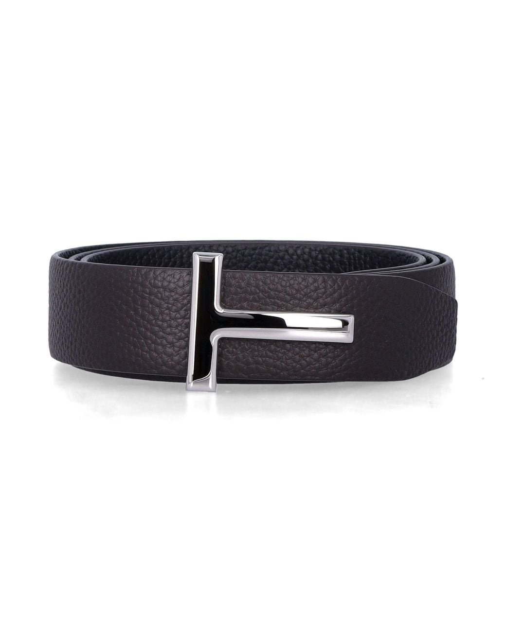 Tom Ford Black Reversible Grained Calf Leather Belt With Polished T Buckle, 3 Cm