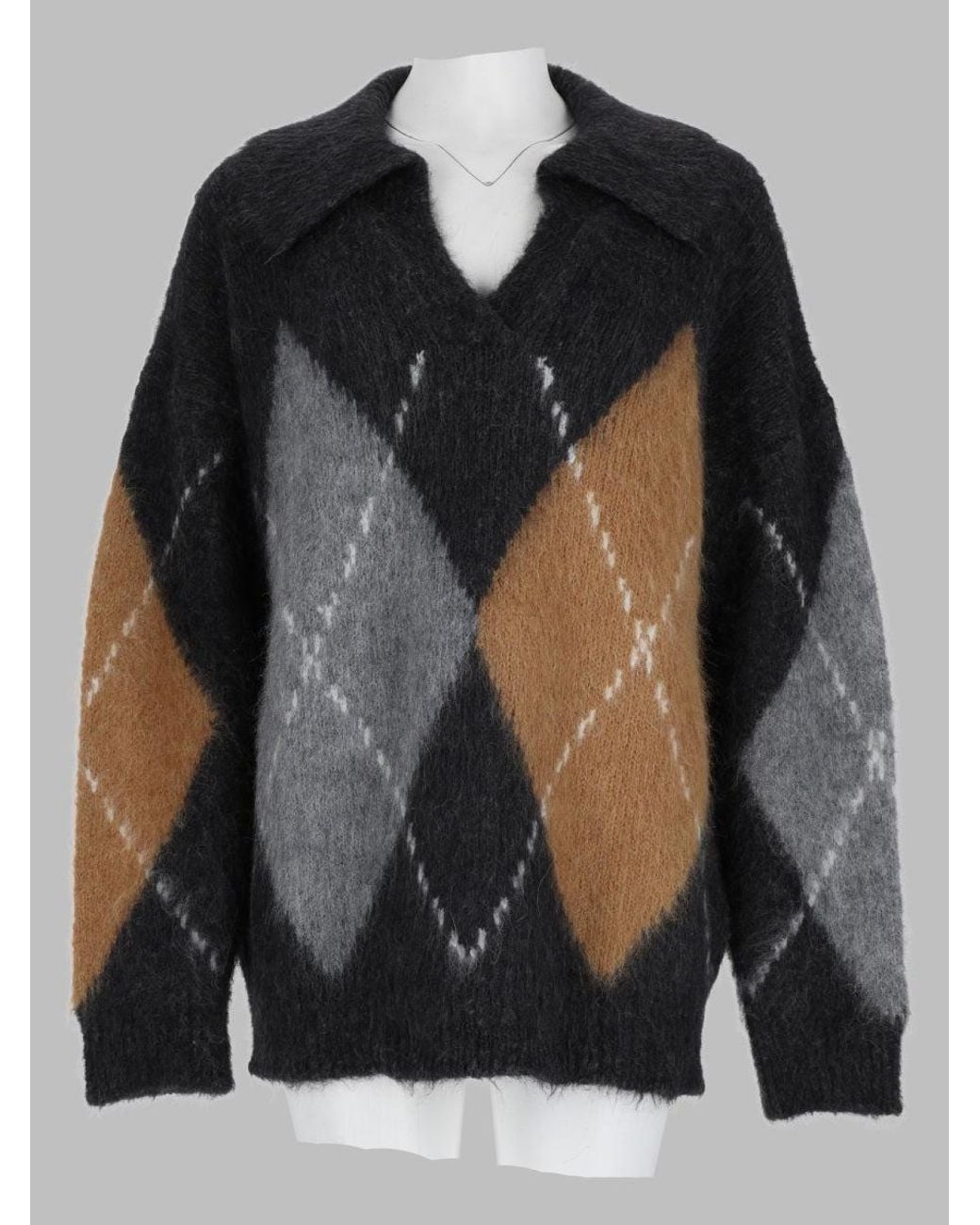 Filippa K Black Argyle V-Neck Collared Alpaca-Blend Sweater