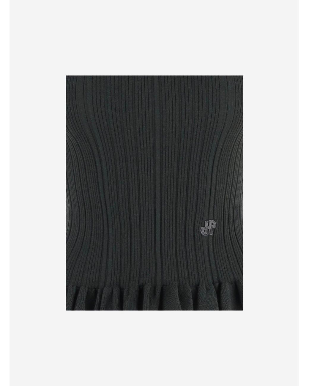 Patou Black Sweater With Ruffles Stretch Wool Blend Merino