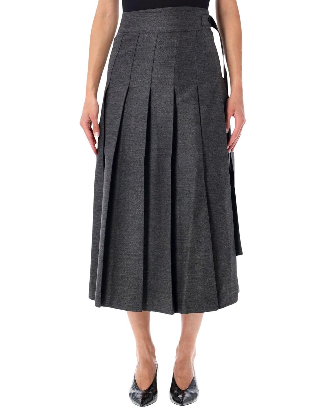 Rohe Black Róhe Wool Blend Wrap Skirt With Pleats, Midi Length & Adjustable Tie