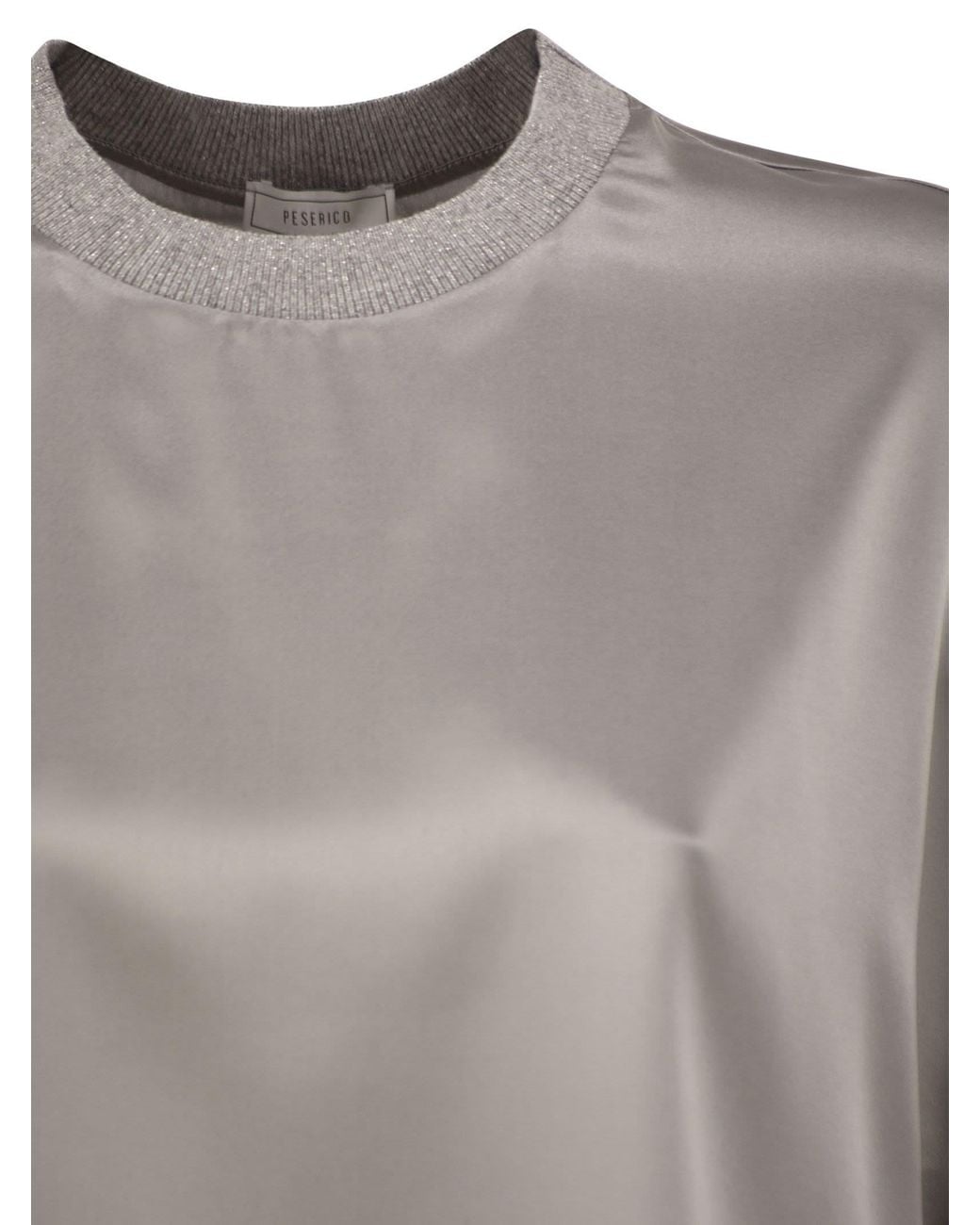 Peserico Gray Stretch Silk Blouse With Lurex Knit Neckline