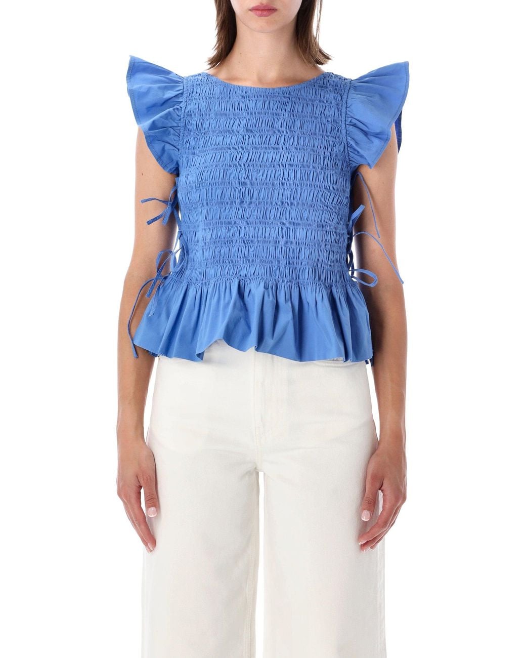 Ganni Blue Smocked Cotton Top