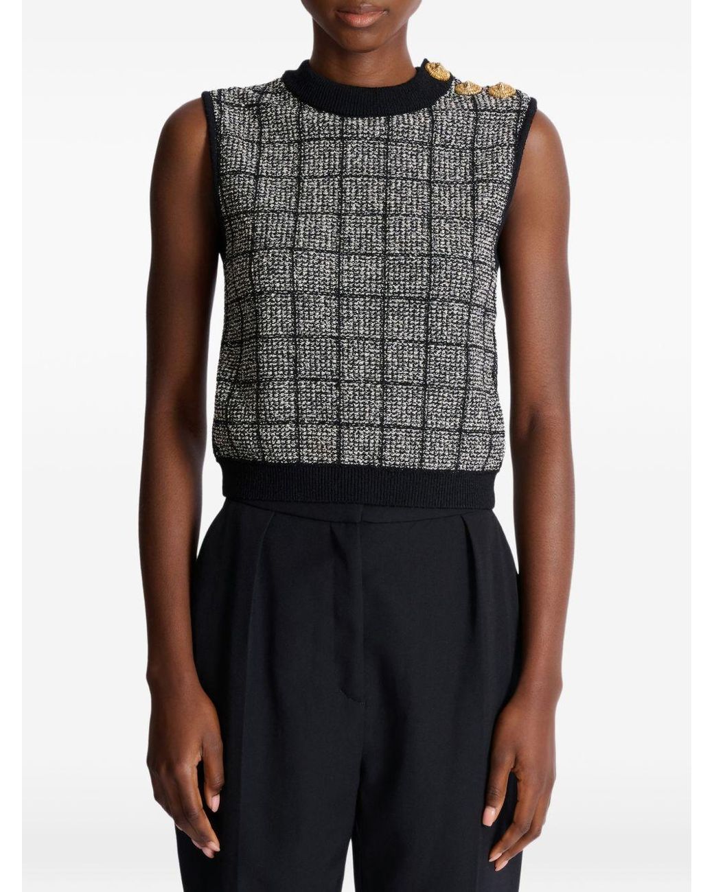 Balmain Gray Tweed Crop Top With Buttons