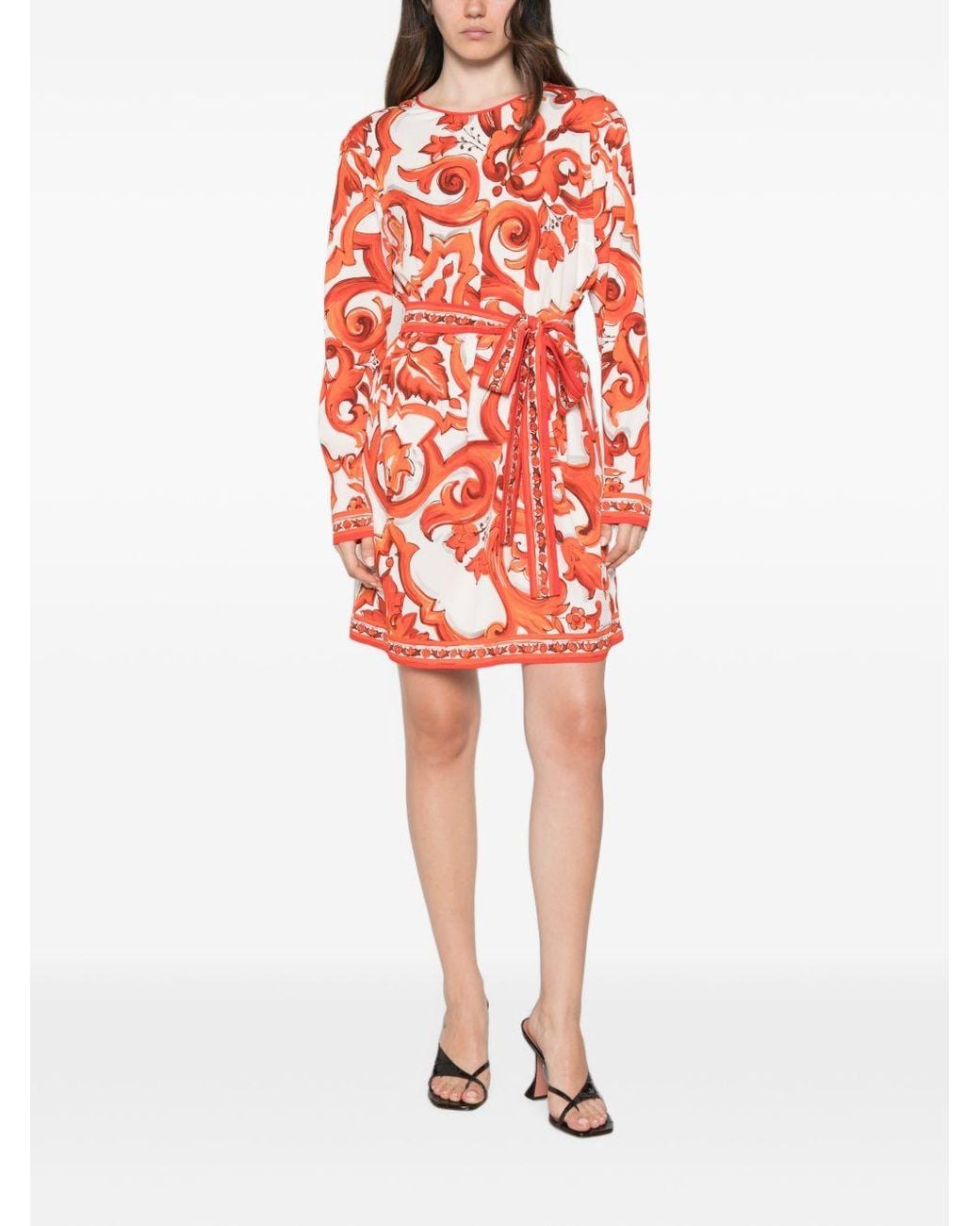 Dolce & Gabbana Red Maiolica Print Silk Dress