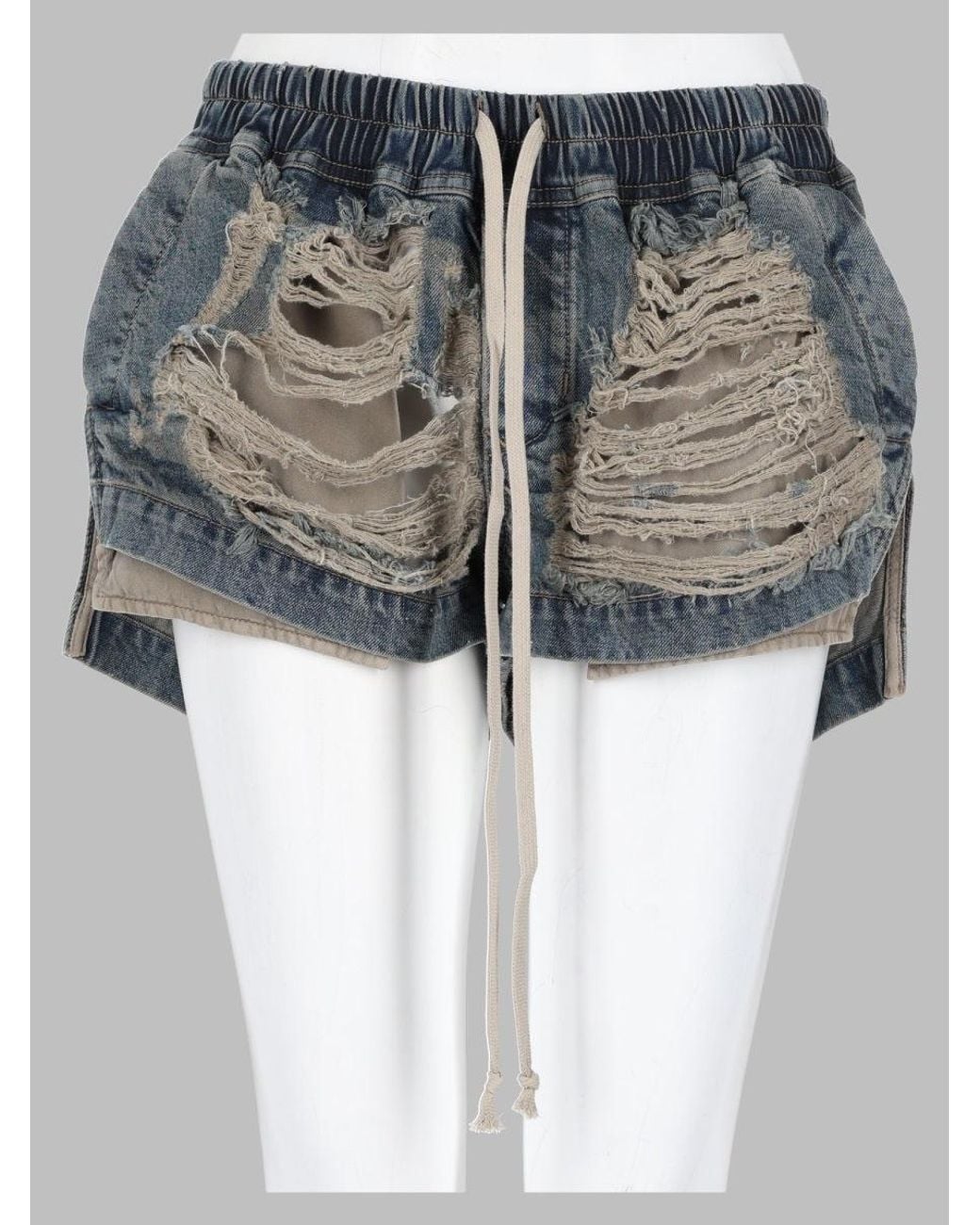 Rick Owens Black Heavily Distressed Elastic Waistband Denim Shorts
