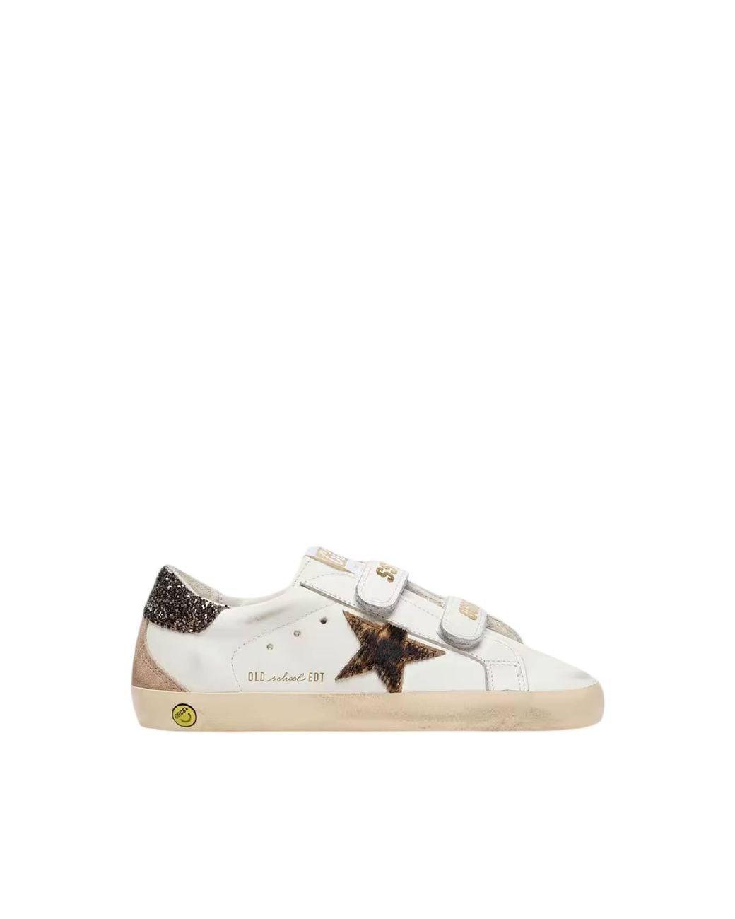 Golden Goose Deluxe Brand White Sneakers Old School Leather Upper Tongue And Strap Horsy Star Suede Spur Glitter Heel/Leopard