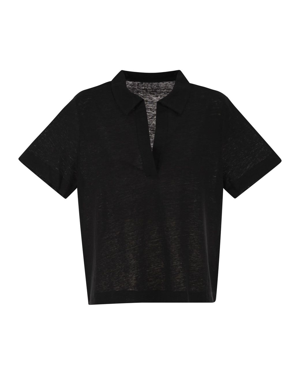 Majestic Black Cropped Linen Stretch Polo With V Neck
