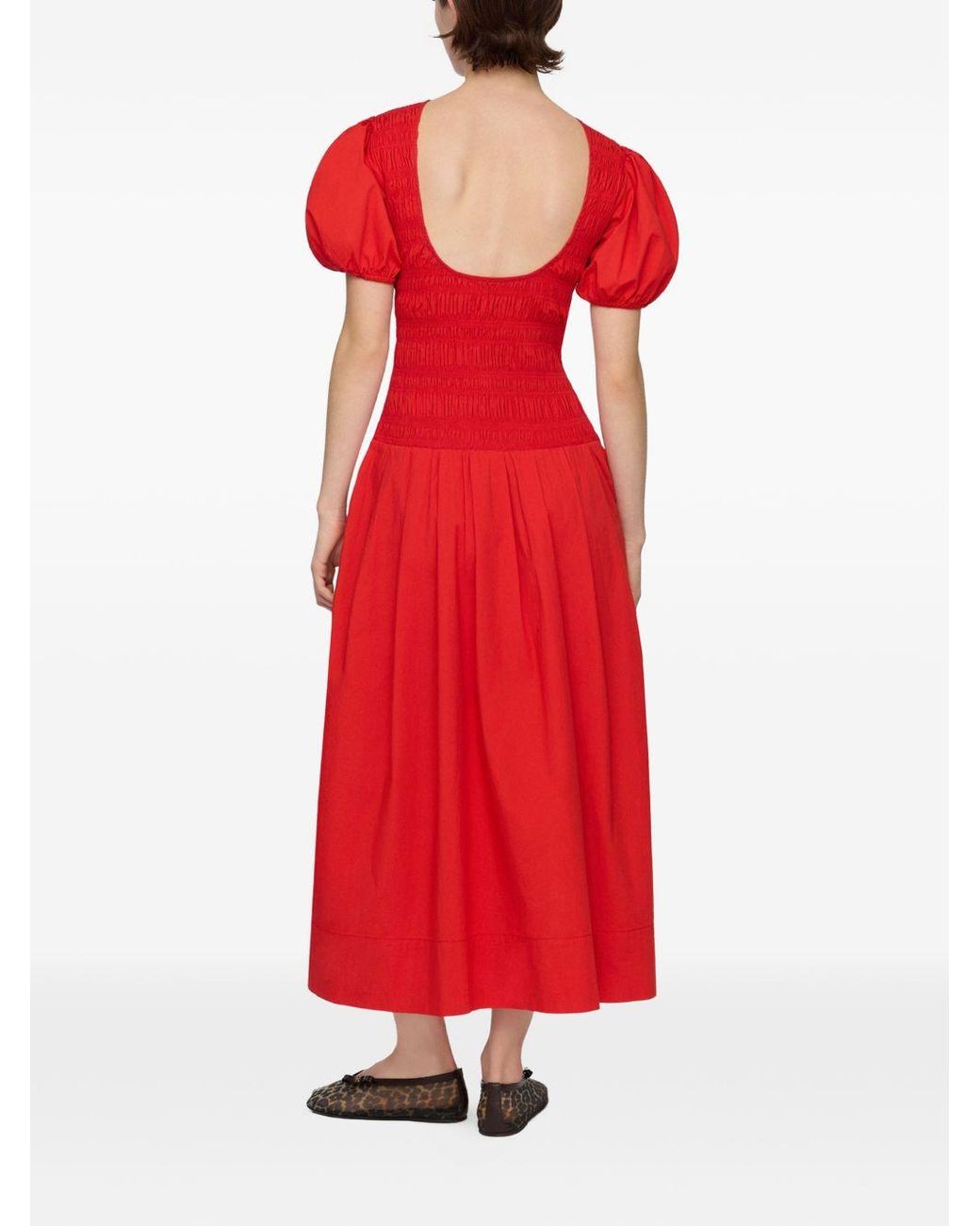 Ganni Red Organic Cotton Midi Dress
