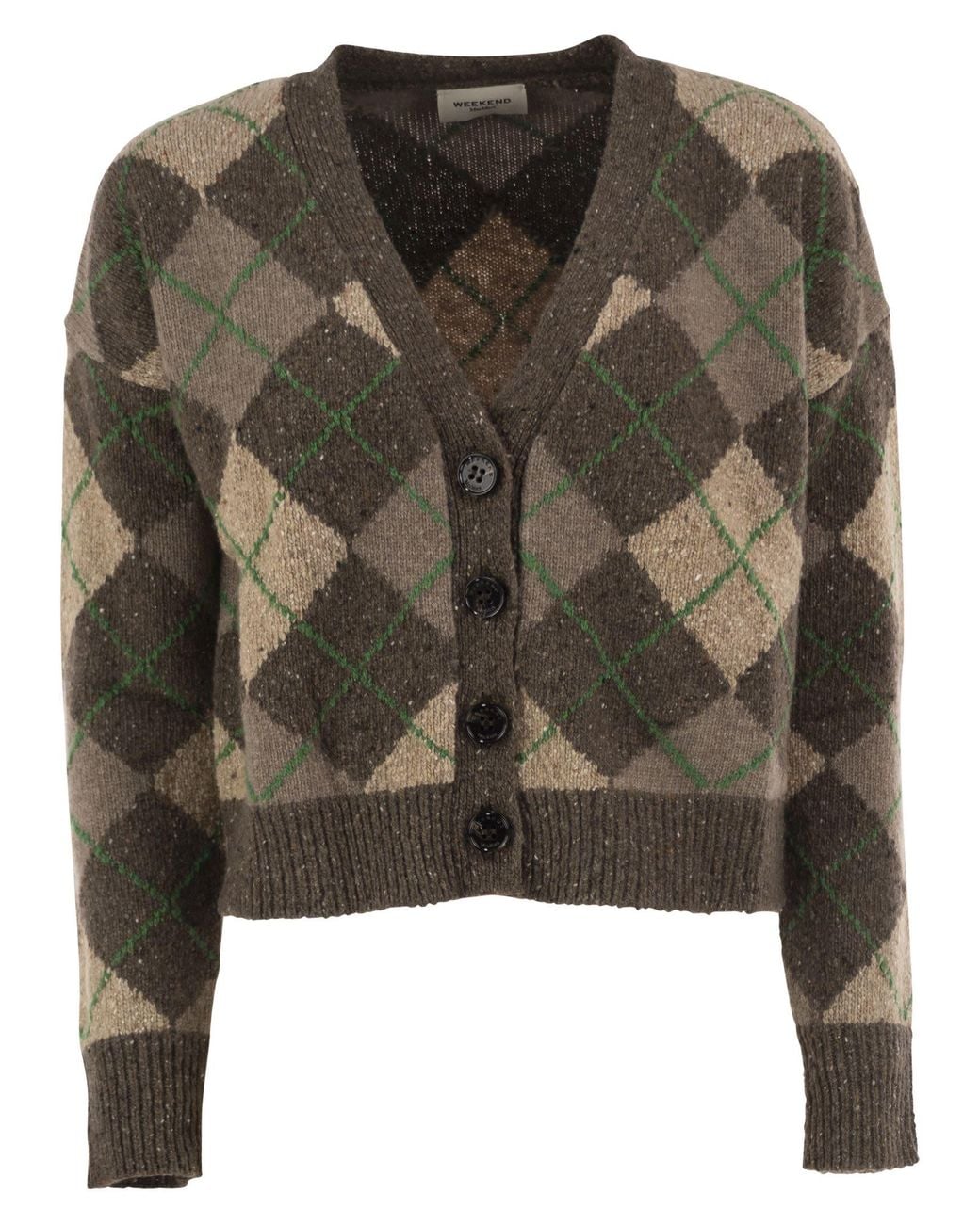 Weekend by Maxmara Green Wkdabile Wool Blend Argyle Jacquard Cardigan