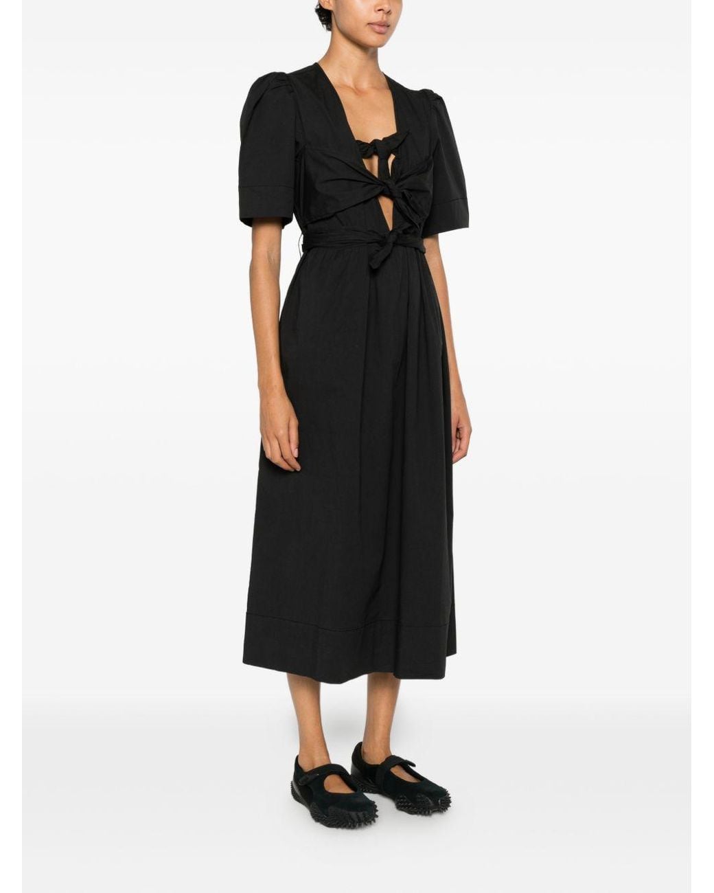 Ganni Black V Neck Midi Dress