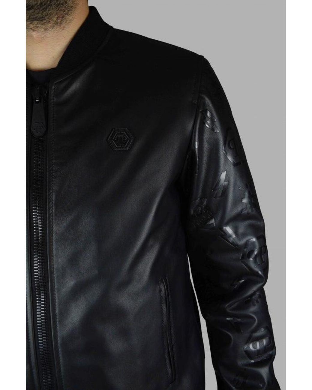 Philipp Plein Black Leather Bomber Jacket for men