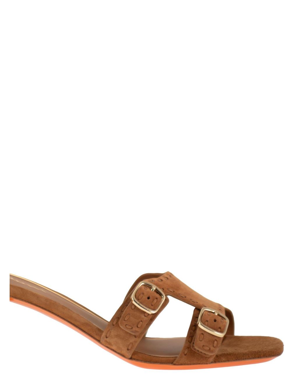 Santoni Brown Suede Mule Sandals With Double Buckle And Block Heel