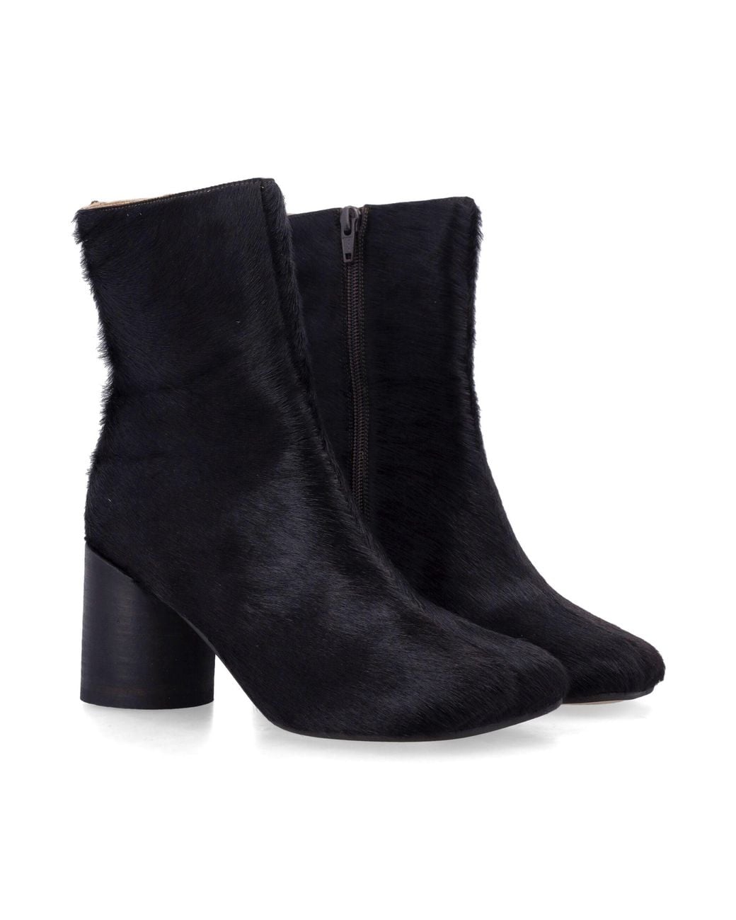 MM6 by Maison Margiela Black Square-Toe Hair-On Leather Ankle Boots With Side Zip And 7 Cm Block Heel