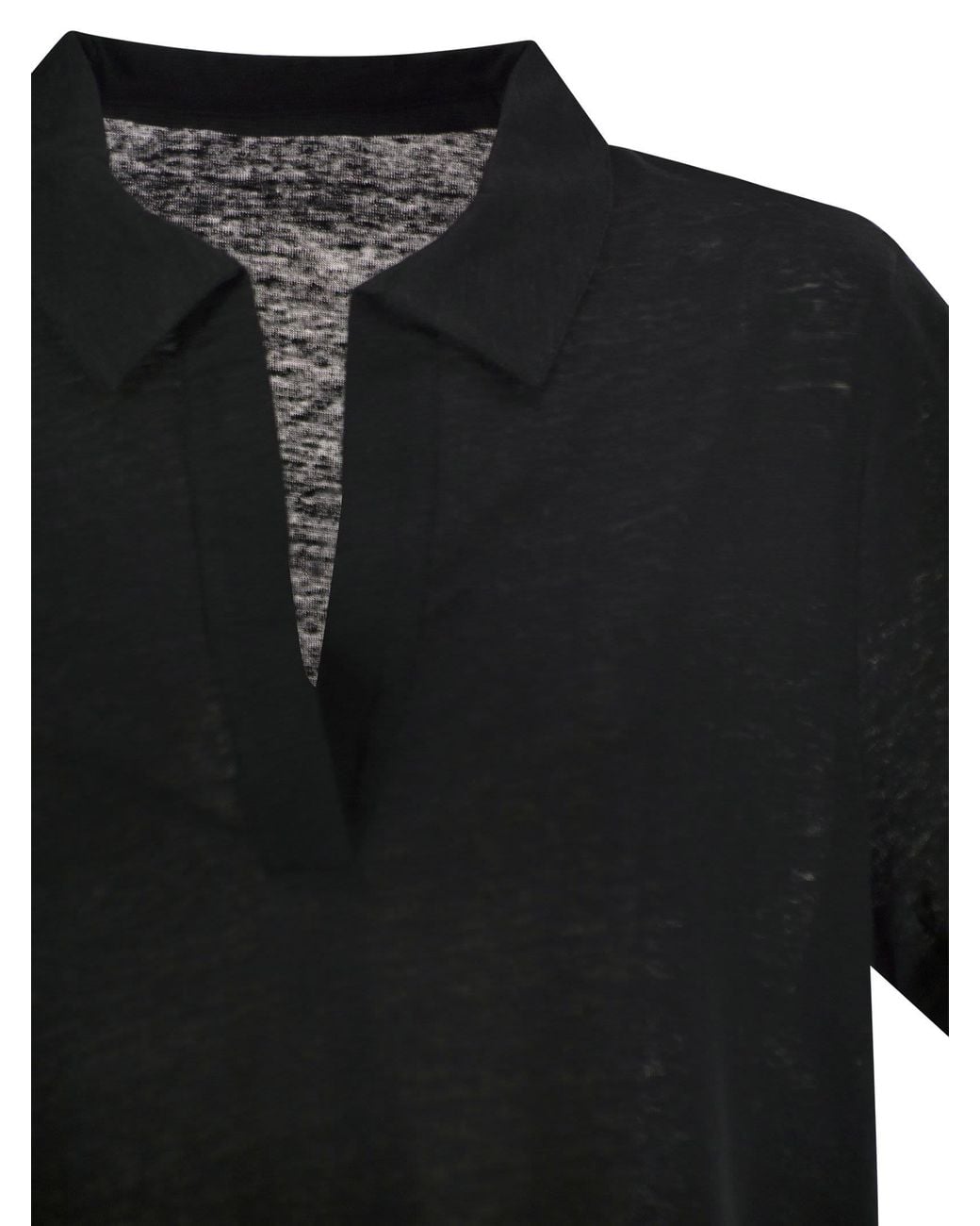 Majestic Black Cropped Linen Stretch Polo With V Neck
