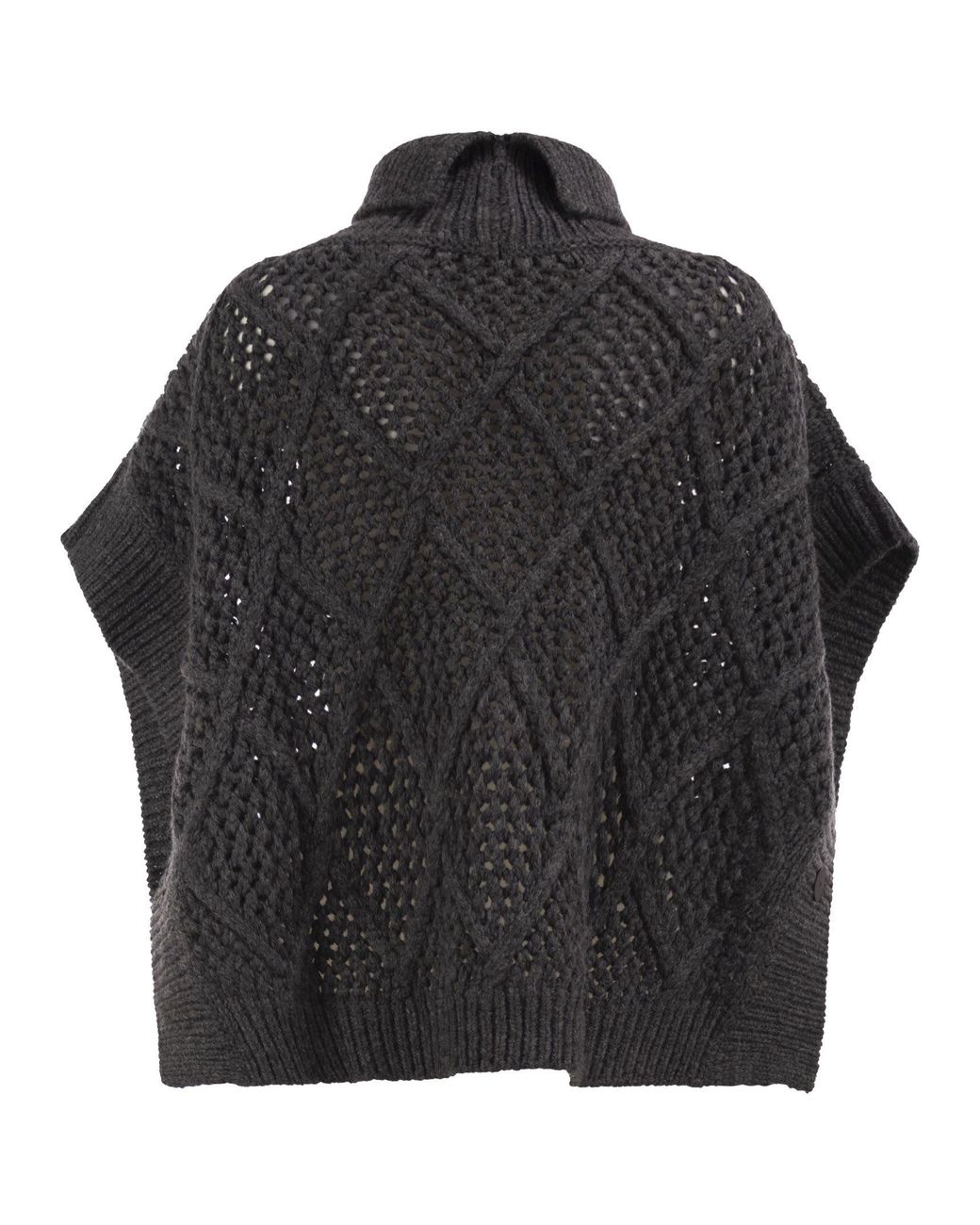 Peserico Black Virgin Wool Openwork Knit Roll-Neck Poncho