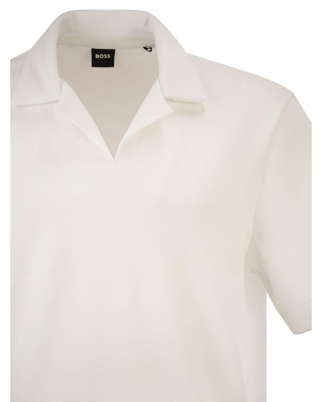 Boss White Textured Cotton Polo Shirt With Open Collar
