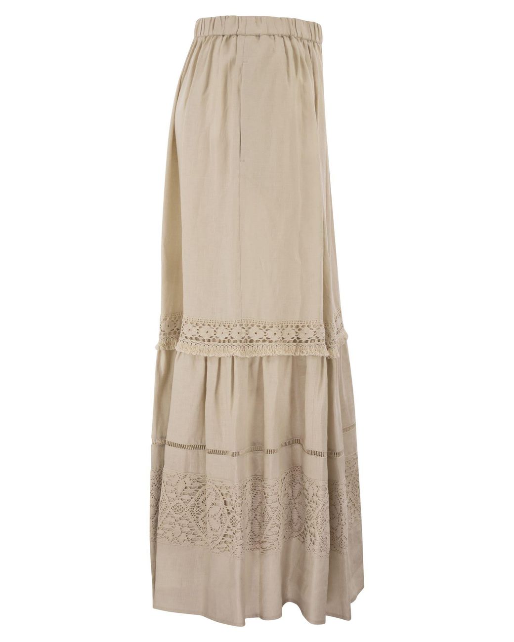 Weekend by Maxmara Natural Weekend Maxmara Wkipallore – Long Linen Skirt With Lace Inserts