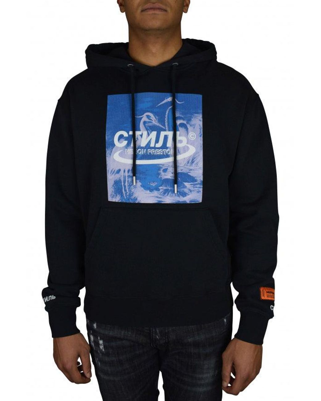 Heron Preston Black Cotton Hoodie With Pelican Graphics for men