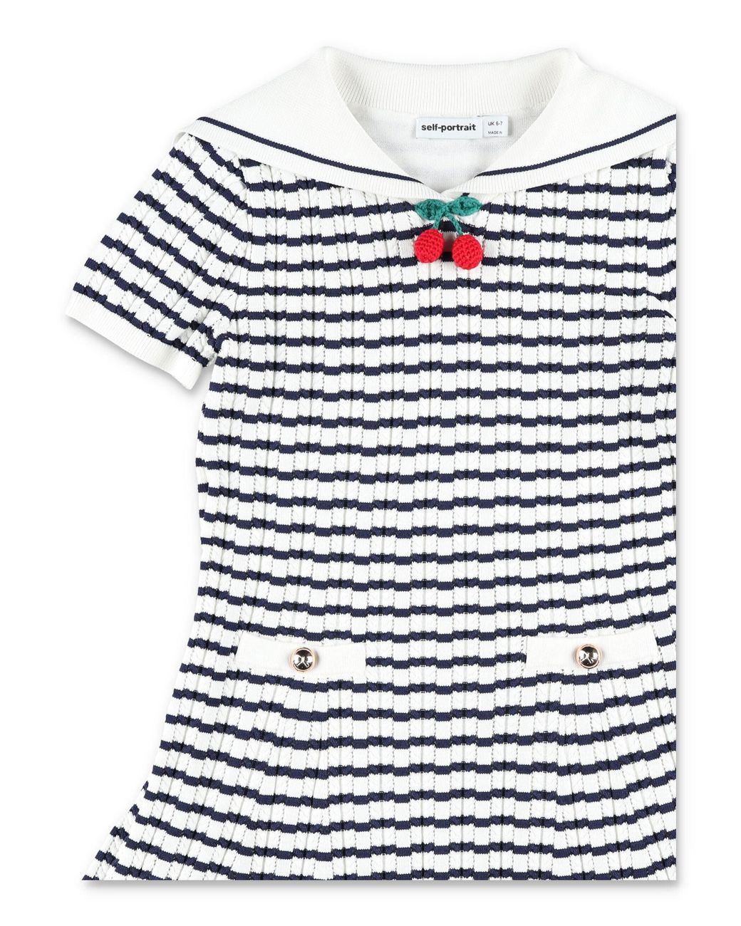 Self-Portrait White Textured Pointelle Sailor Knit Dress With Cherry Appliqué & Button Detail