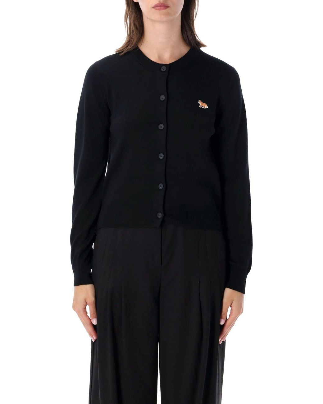 Maison Kitsuné Black Wool Button-Front Cardigan With Fox Patch