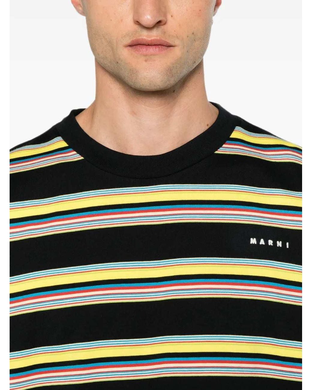 Marni Black Striped Cotton T Shirt With Logo Print