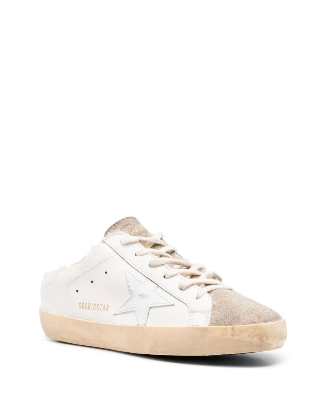 Golden Goose Deluxe Brand White Super Star Sabot Leather Upper Suede Toe Shiny Leather Star Shearling Lining