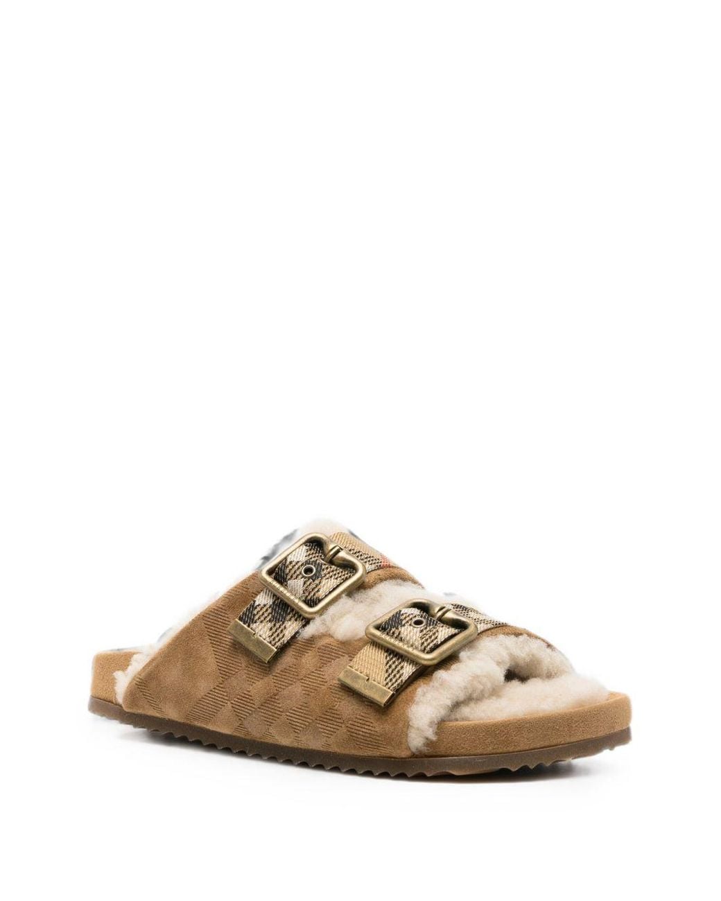 Burberry Brown Urchin Check Shearling Sandals