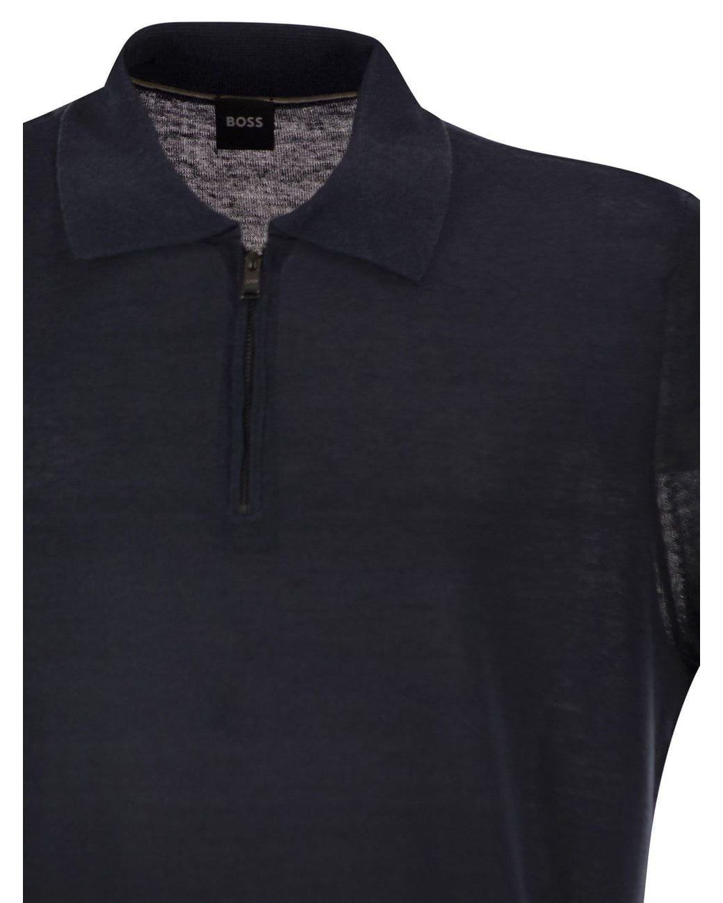 Boss Blue Linen And Viscose Polo Shirt With Zip And Contrast Trims