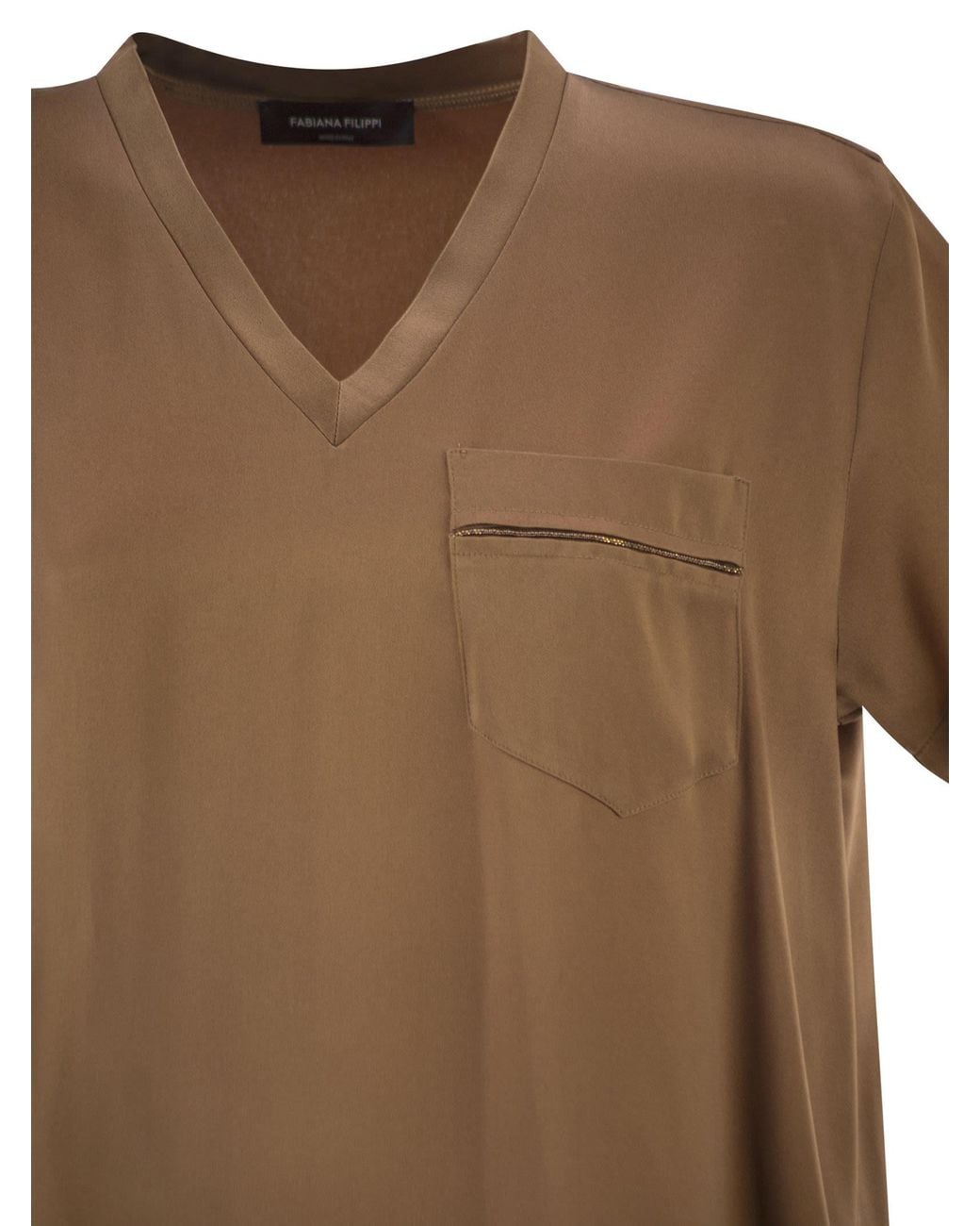 Fabiana Filippi Brown V-Neck Satin Top With Elegant Pocket