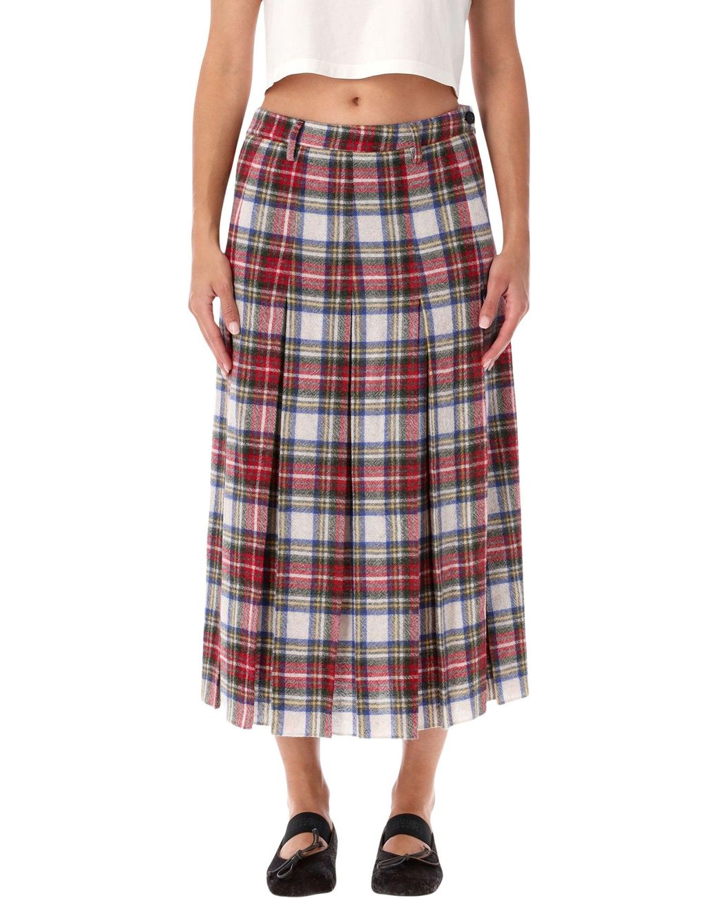 MM6 by Maison Margiela Red Plaid Pleated Midi Skirt