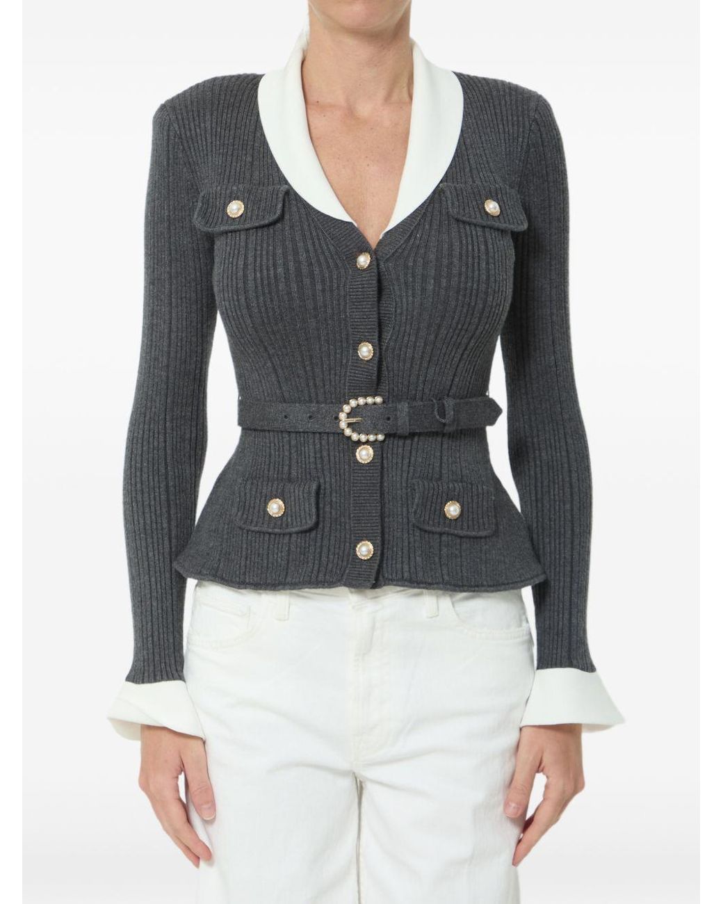 Self-Portrait Black Ribbed Knit Cardigan