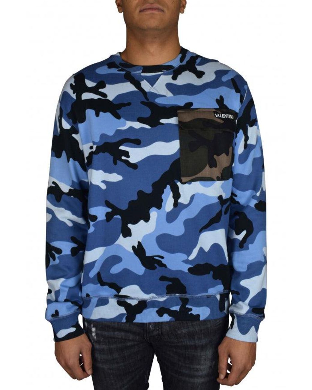 Valentino Garavani Blue Camouflage Cotton Crew Neck Sweater for men