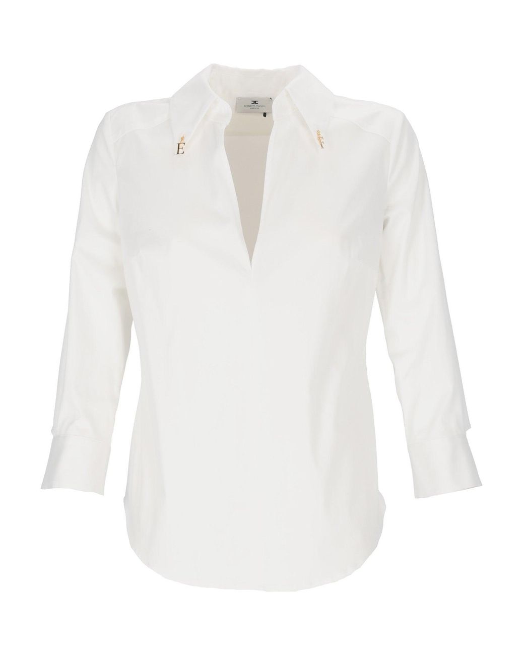 Elisabetta Franchi White Tailored Blouse With Deep V-Neckline And Metallic Accents