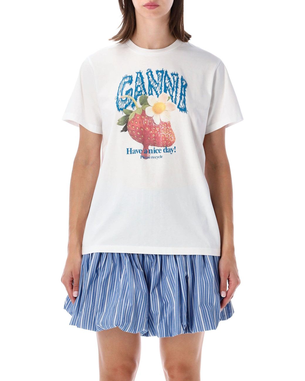 Ganni White Strawberry Print Cotton T-Shirt