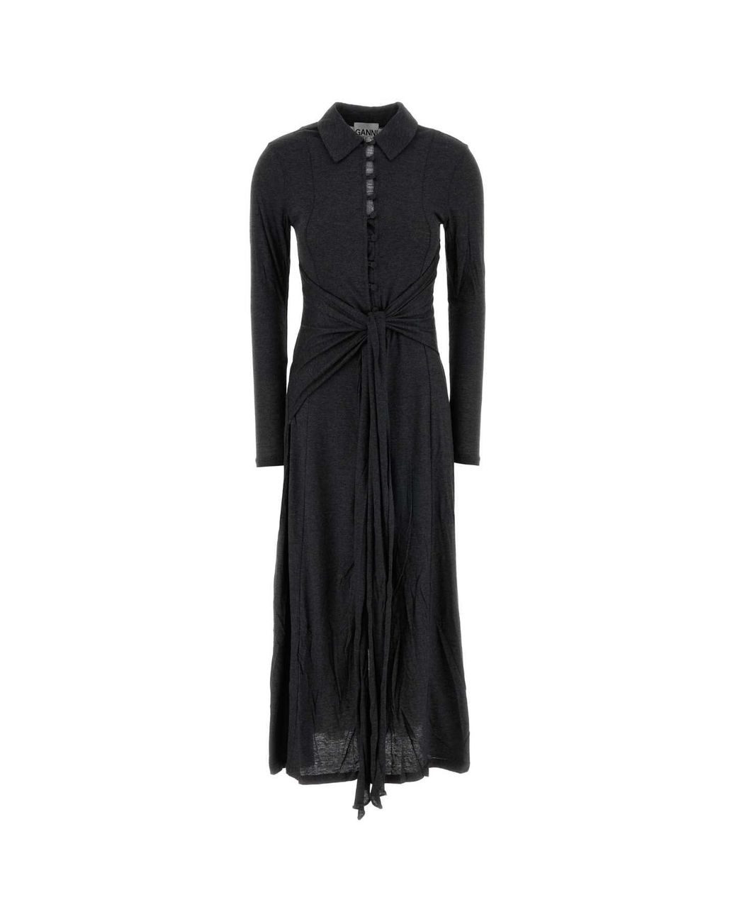 Ganni Black Modal Jersey Long Sleeve Maxi Tie Dress