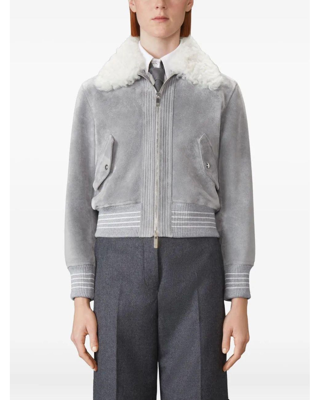 Thom Browne Gray Cropped Flight Jacket W/ Shearling Collar