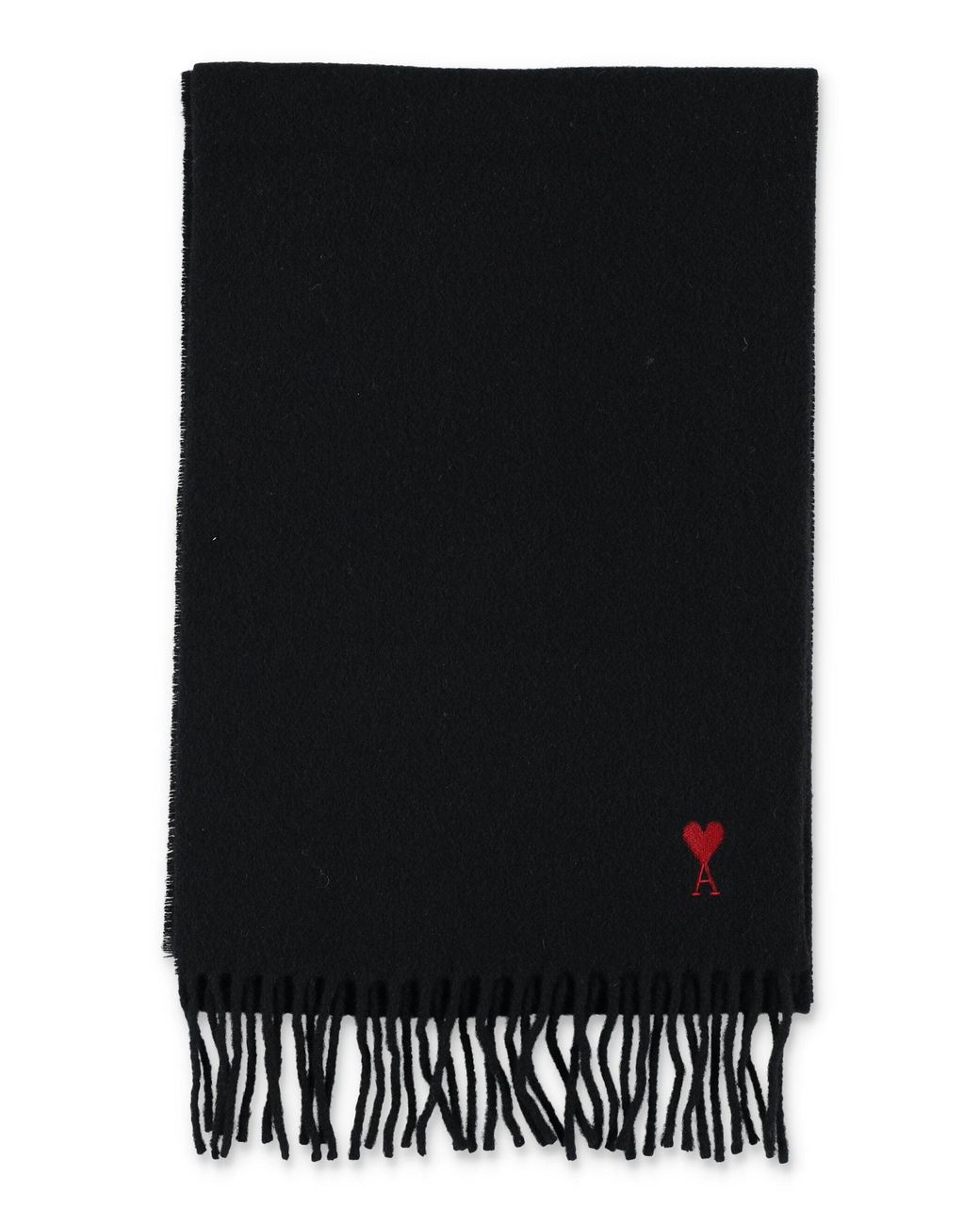 AMI Black Wool Fringe Scarf With Embroidered Heart Logo