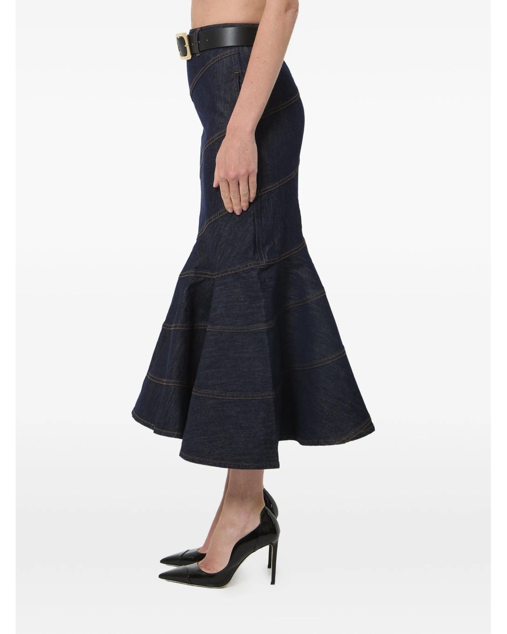 Self-Portrait Blue Denim Belted Midi Skirt