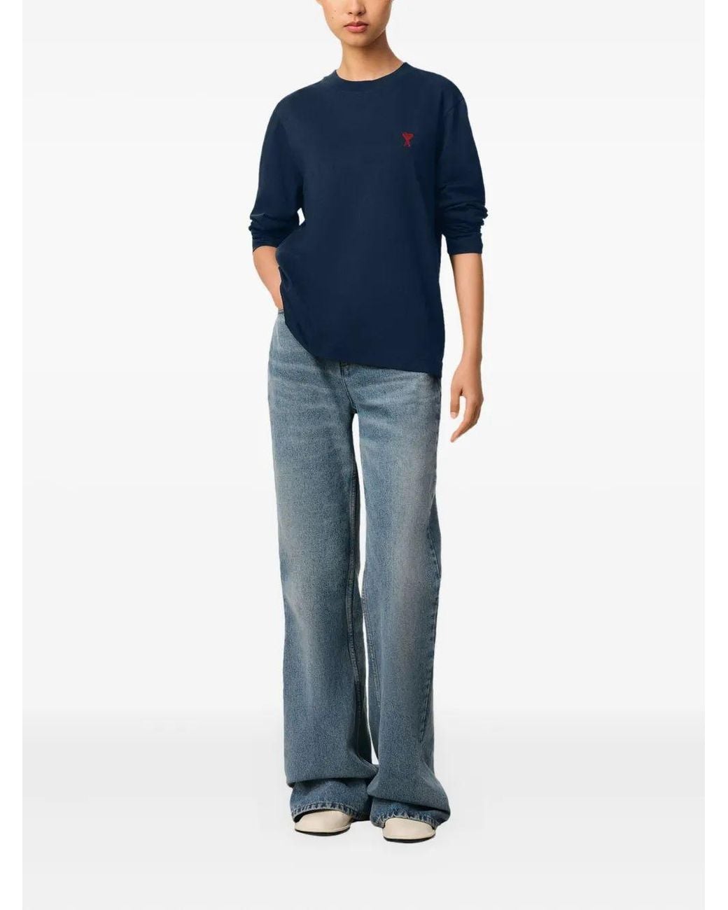 AMI Blue Tshirt Manches Longues De Coeur Rouge