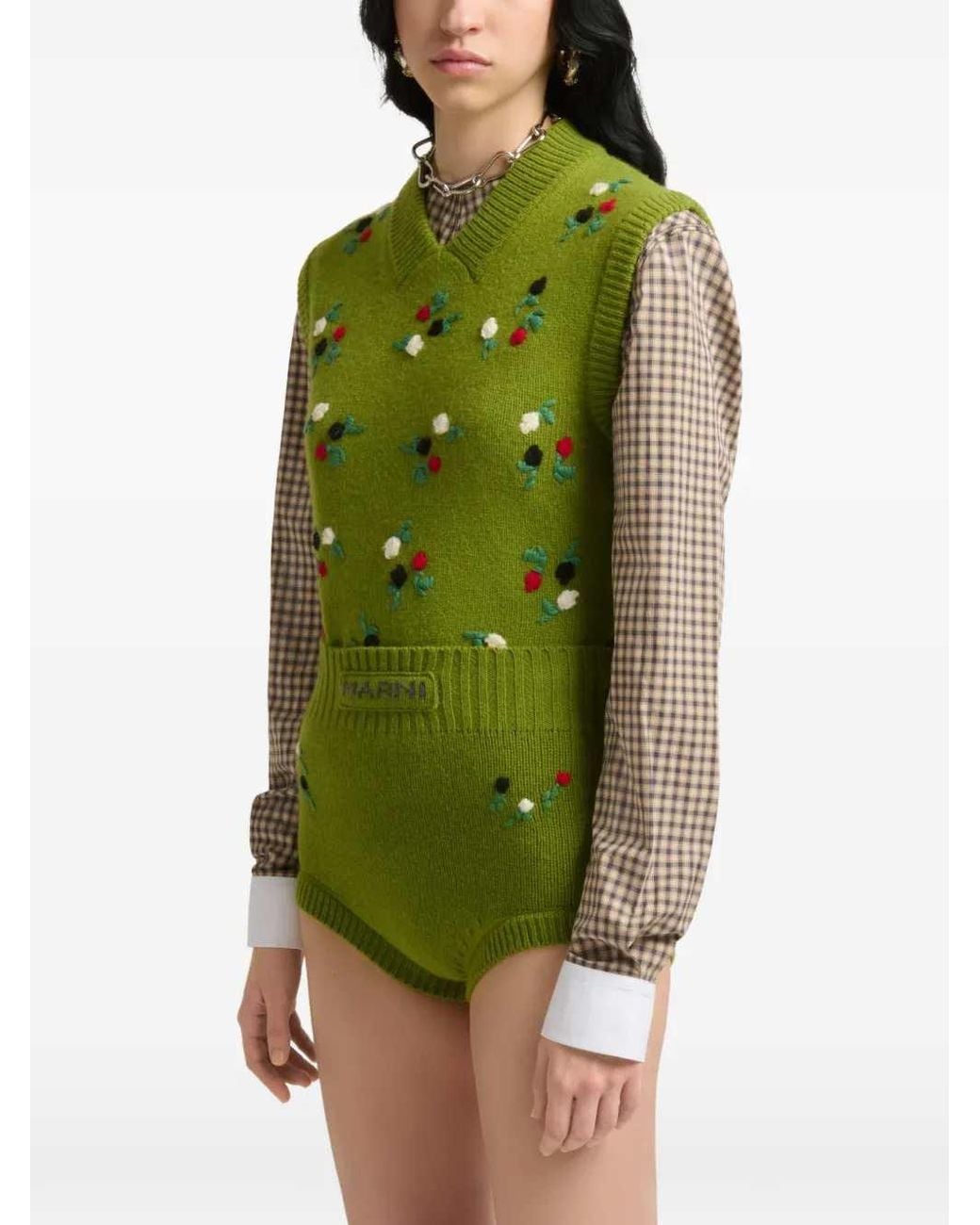 Marni Green Wool And Cashmere Vest With Floral Embroidery