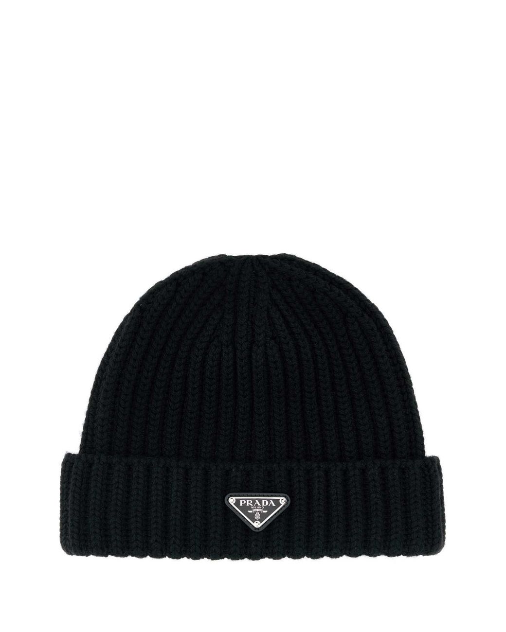 Prada Black Wool Knit Cap With Logo for men